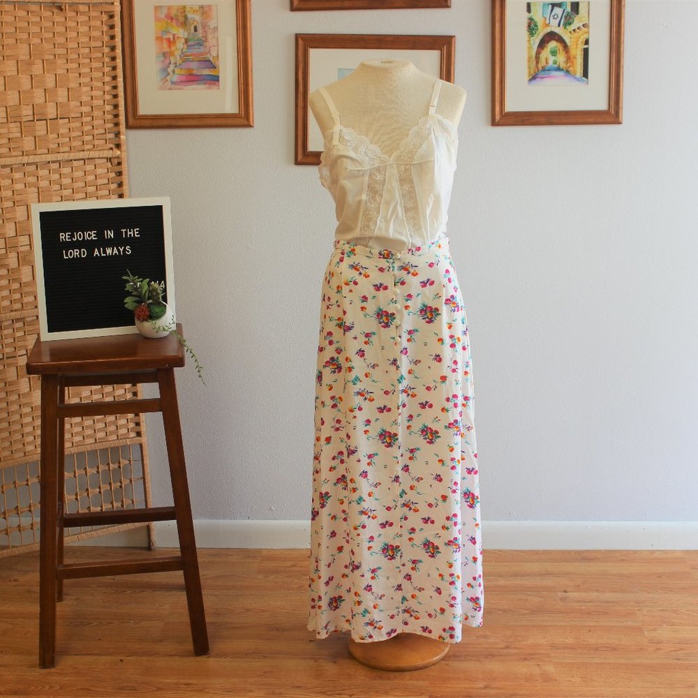 90s White Floral Maxi Skirt M